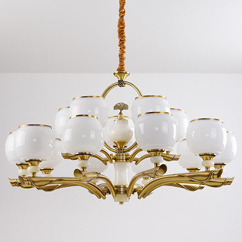 Lustres traditionnels chinois en verre rond avec pierres de jade et cuivre 6/8/10/15 lumières pour salon 