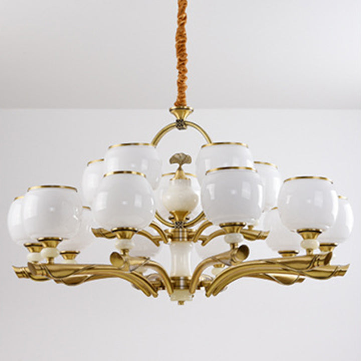 Lustres traditionnels chinois en verre rond avec pierres de jade et cuivre 6/8/10/15 lumières pour salon 