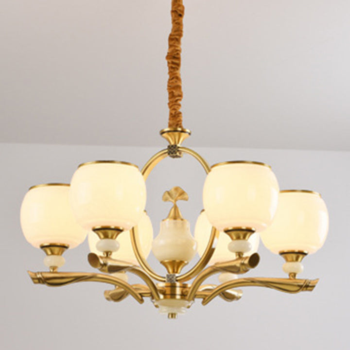 Lustres traditionnels chinois en verre rond avec pierres de jade et cuivre 6/8/10/15 lumières pour salon 