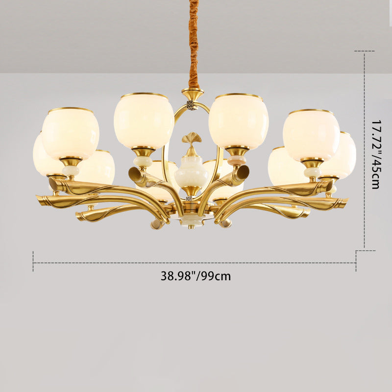 Lustres traditionnels chinois en verre rond avec pierres de jade et cuivre 6/8/10/15 lumières pour salon 