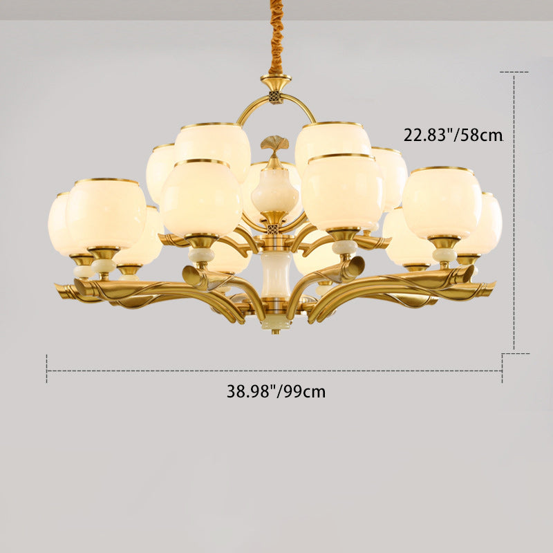 Lustres traditionnels chinois en verre rond avec pierres de jade et cuivre 6/8/10/15 lumières pour salon 