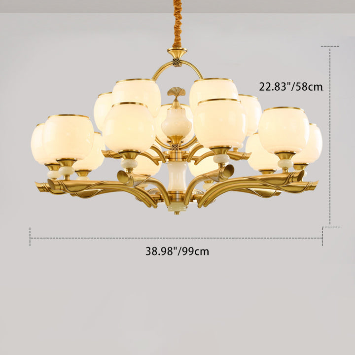 Lustres traditionnels chinois en verre rond avec pierres de jade et cuivre 6/8/10/15 lumières pour salon 