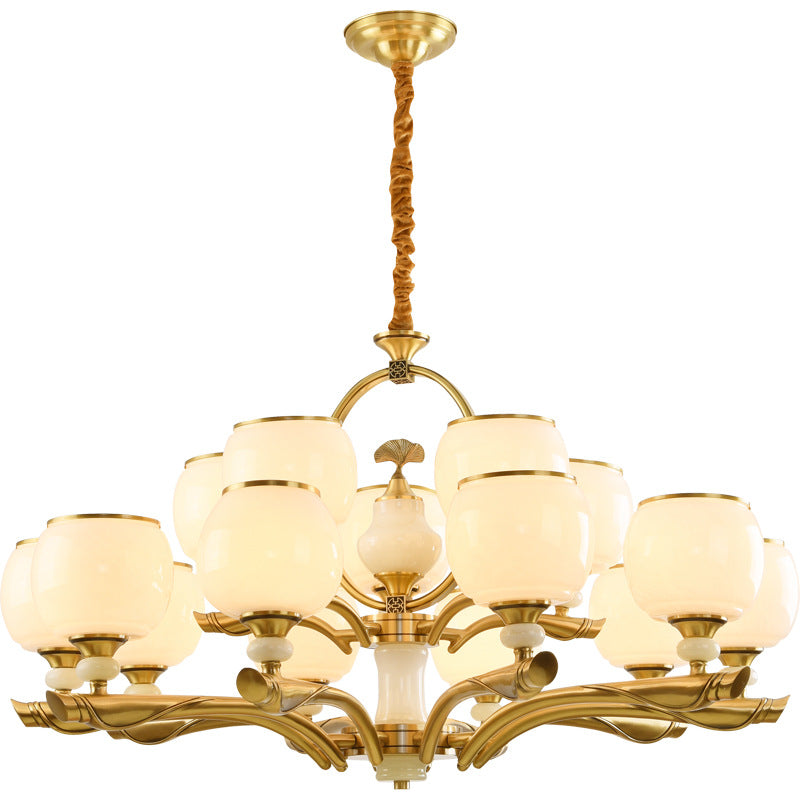 Lustres traditionnels chinois en verre rond avec pierres de jade et cuivre 6/8/10/15 lumières pour salon 