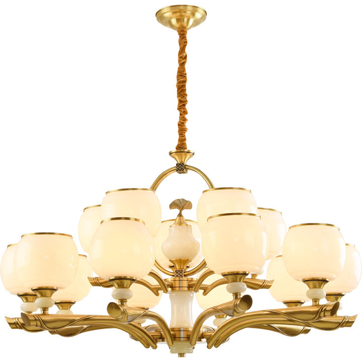 Lustres traditionnels chinois en verre rond avec pierres de jade et cuivre 6/8/10/15 lumières pour salon 
