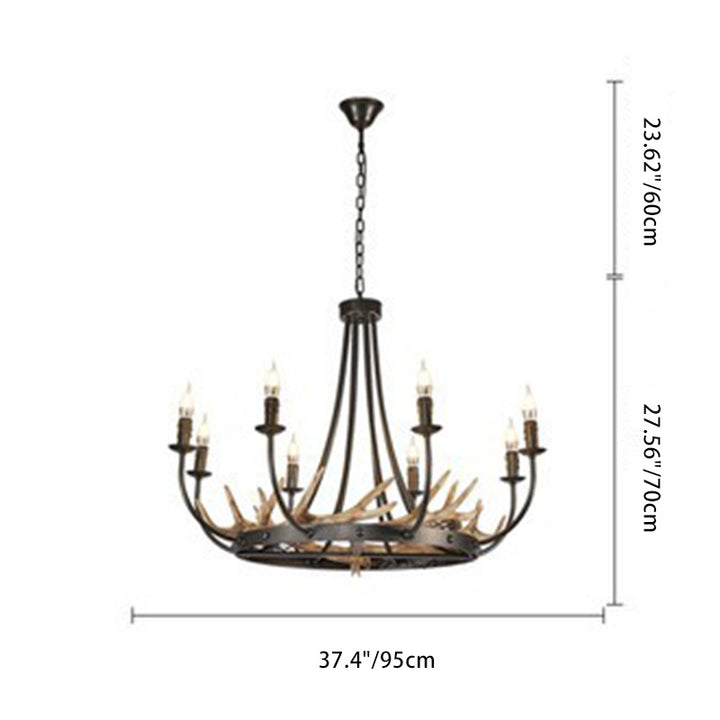 Traditional Vintage Antlers Branch Round Linen Faux Sheepskin Resin Iron 8-Light Chandeliers For Living Room
