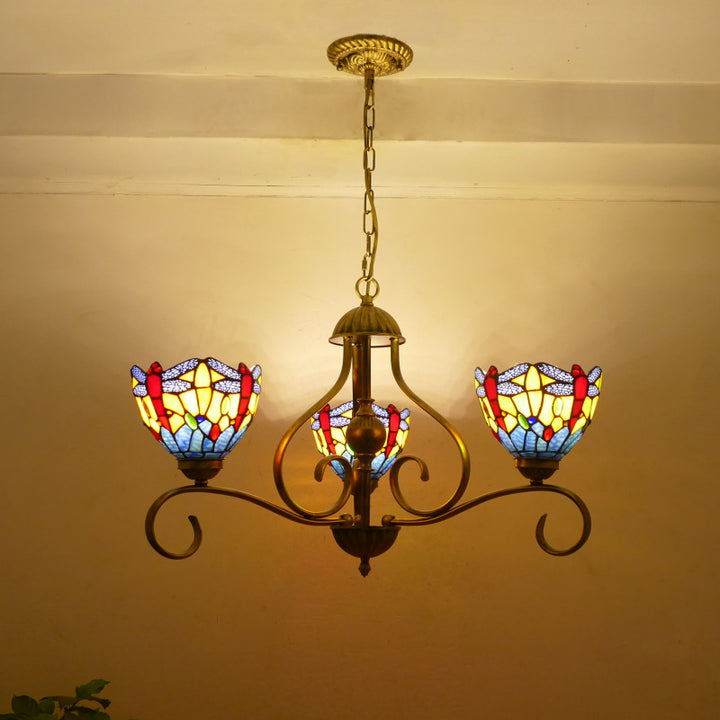 Lustres traditionnels Tiffany en verre à branches incurvées semi-circulaires en fer à 3 lumières pour salon 