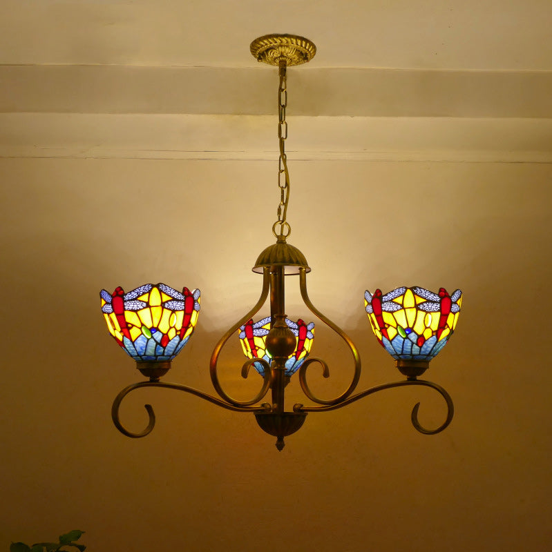 Lustres traditionnels Tiffany en verre à branches incurvées semi-circulaires en fer à 3 lumières pour salon 