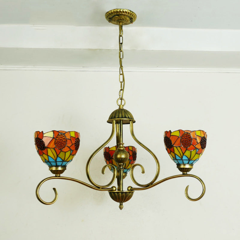 Lustres traditionnels Tiffany en verre à branches incurvées semi-circulaires en fer à 3 lumières pour salon 