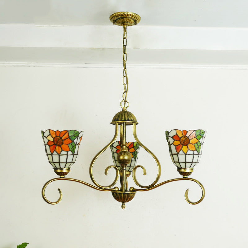 Lustres traditionnels Tiffany en verre à branches incurvées semi-circulaires en fer à 3 lumières pour salon 