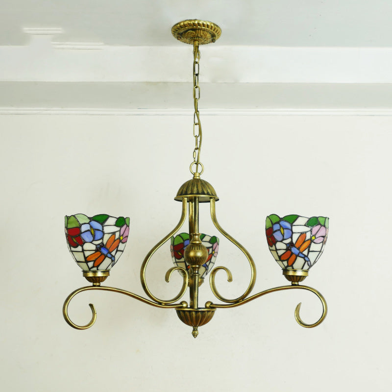 Lustres traditionnels Tiffany en verre à branches incurvées semi-circulaires en fer à 3 lumières pour salon 