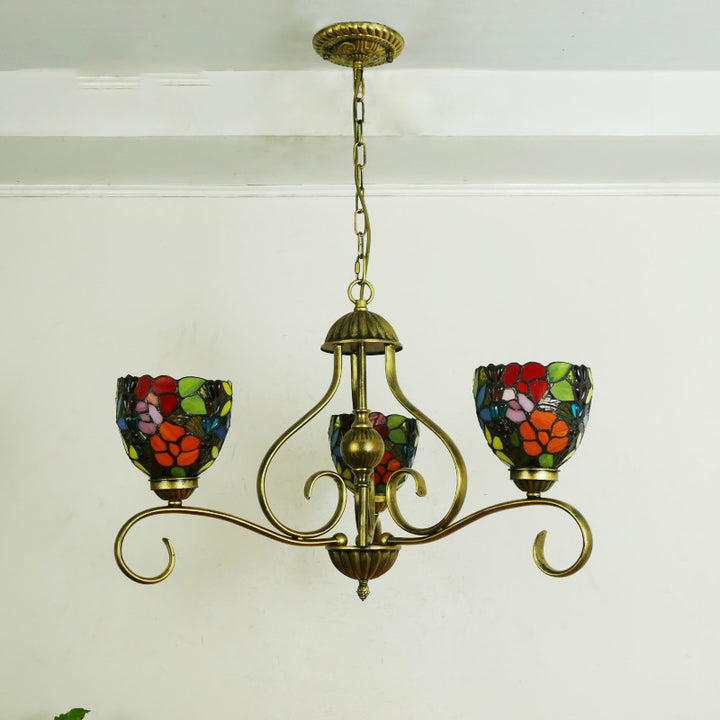 Lustres traditionnels Tiffany en verre à branches incurvées semi-circulaires en fer à 3 lumières pour salon 