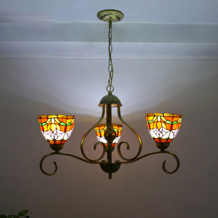 Lustres traditionnels Tiffany en verre à branches incurvées semi-circulaires en fer à 3 lumières pour salon 