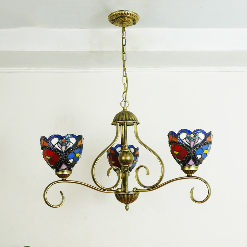 Traditional Tiffany Semicircular Curved Branch Glass Iron 3-Light Chandeliers For Living Room