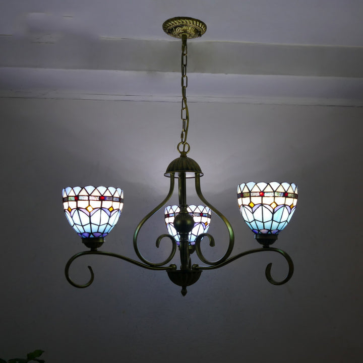 Lustres traditionnels Tiffany en verre à branches incurvées semi-circulaires en fer à 3 lumières pour salon 