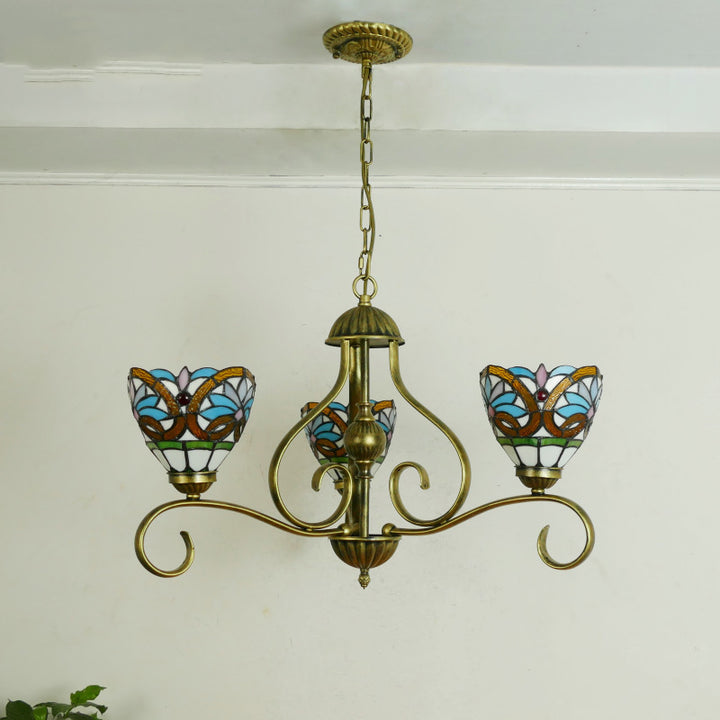Lustres traditionnels Tiffany en verre à branches incurvées semi-circulaires en fer à 3 lumières pour salon 