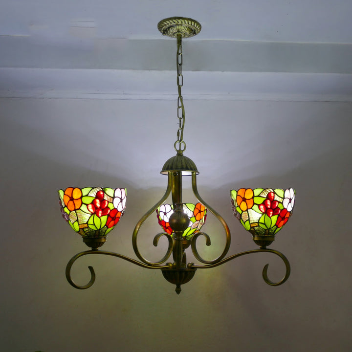 Lustres traditionnels Tiffany en verre à branches incurvées semi-circulaires en fer à 3 lumières pour salon 