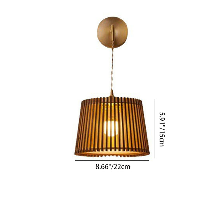 Lampe murale à 1 lumière en laiton avec cylindre rond en bois de tilleul et citrouille japonaise traditionnelle pour salon 