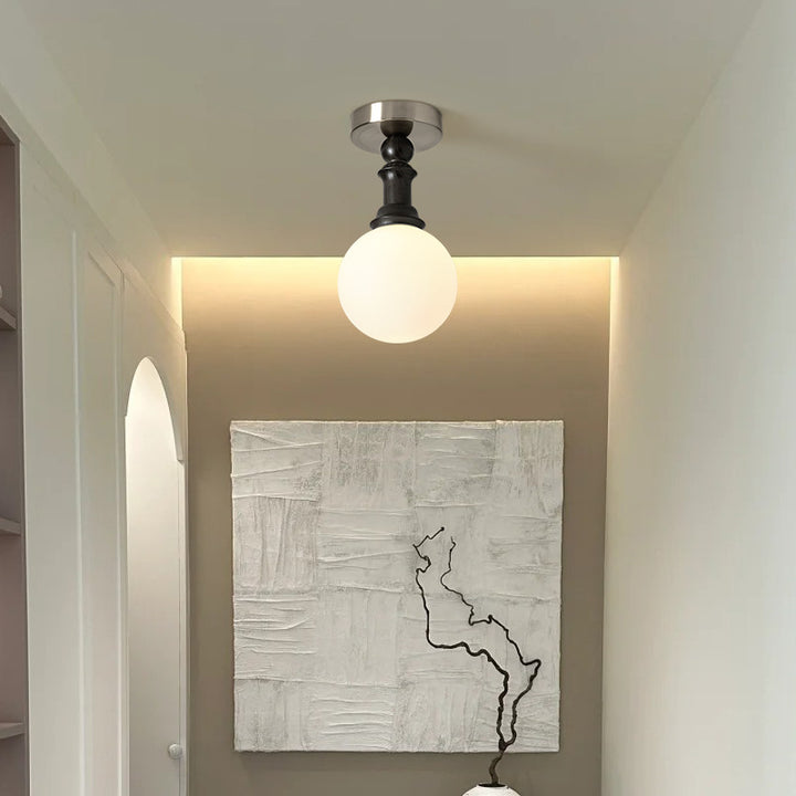 Montaje de techo semi empotrado de 1 luz de hierro, madera de fresno y vidrio cilíndrico tradicional francés para sala de estar 
