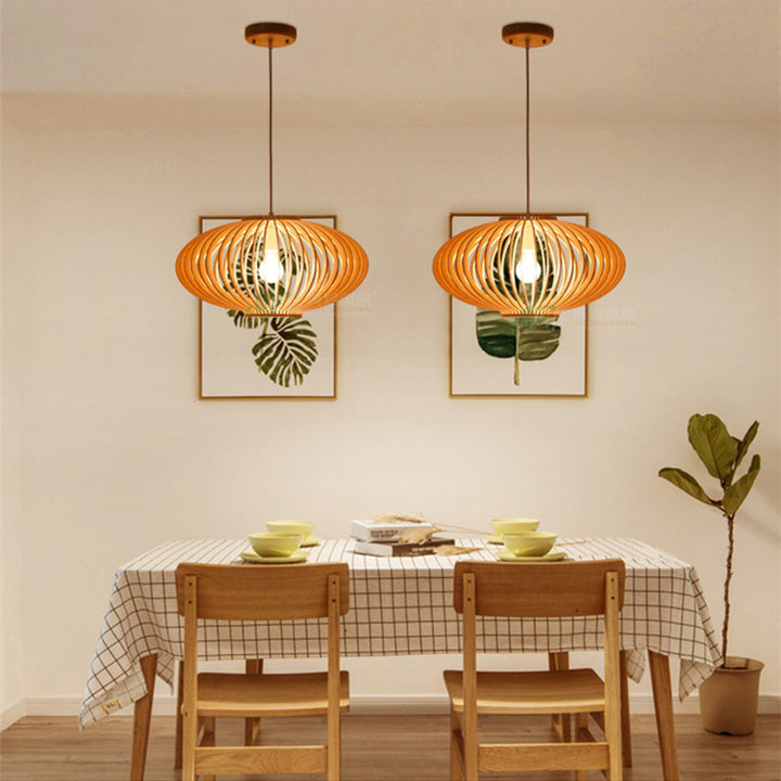 Zeitgenössische skandinavische Laterne, runde Lindenholz-Pendelleuchte mit 1 Licht für Wohnzimmer 