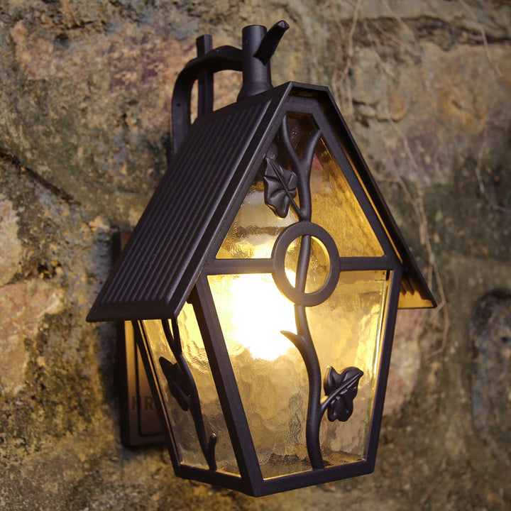 Traditionelle Vintage-Wandleuchte in Hausform, quadratisch, Glas, Aluminium, 1 Licht, für die Terrasse im Freien 