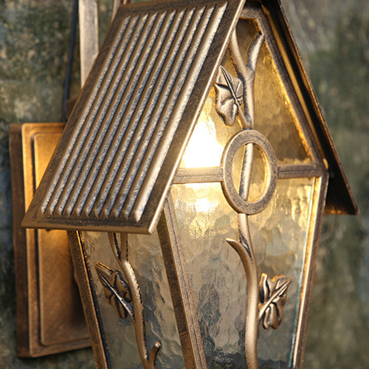 Traditionelle Vintage-Wandleuchte in Hausform, quadratisch, Glas, Aluminium, 1 Licht, für die Terrasse im Freien 