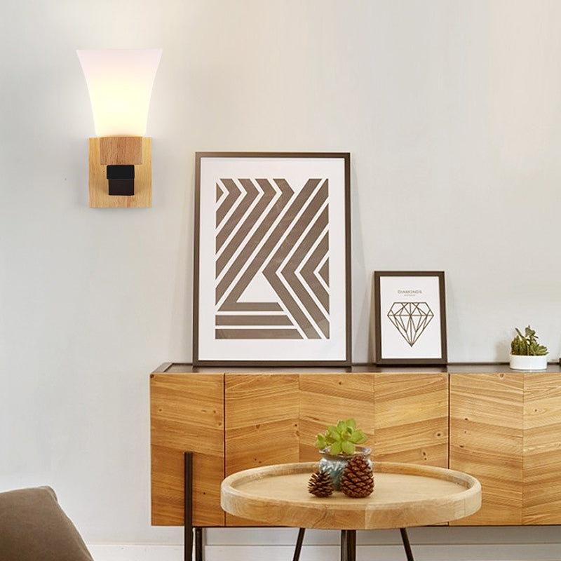 Lampe applique murale moderne minimaliste en verre carré, bois massif et fer avec 1 lumière pour chambre à coucher 