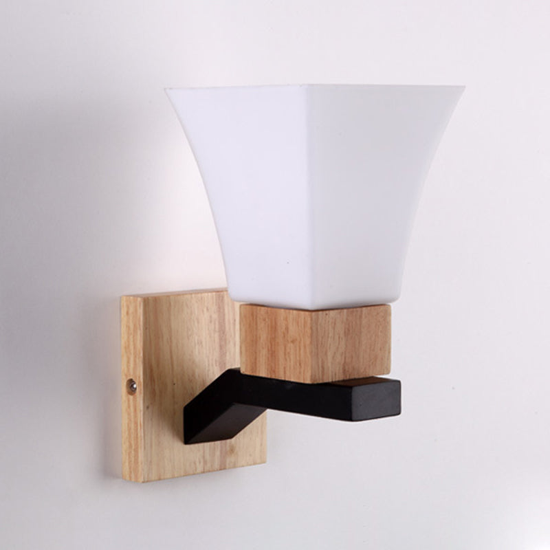 Lampe applique murale moderne minimaliste en verre carré, bois massif et fer avec 1 lumière pour chambre à coucher 
