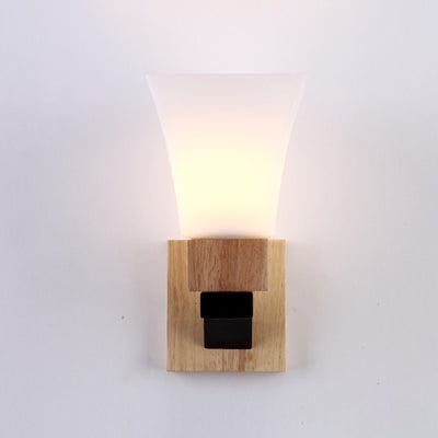 Lampe applique murale moderne minimaliste en verre carré, bois massif et fer avec 1 lumière pour chambre à coucher 