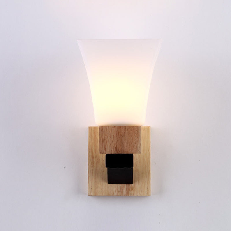 Lampe applique murale moderne minimaliste en verre carré, bois massif et fer avec 1 lumière pour chambre à coucher 
