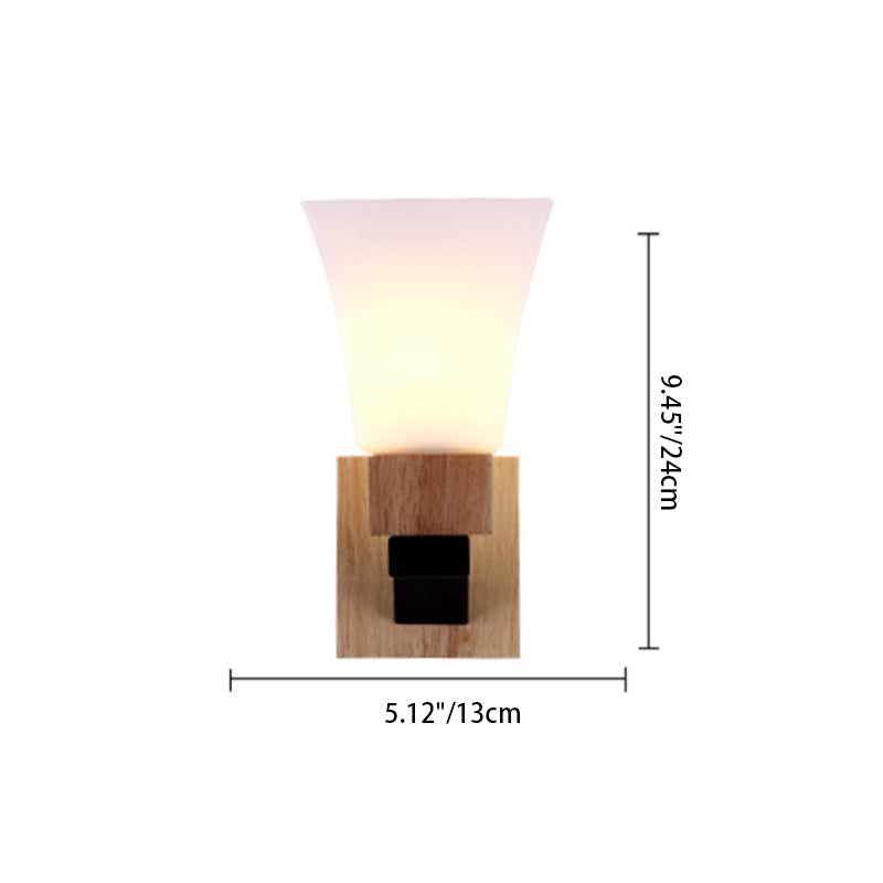 Lampe applique murale moderne minimaliste en verre carré, bois massif et fer avec 1 lumière pour chambre à coucher 