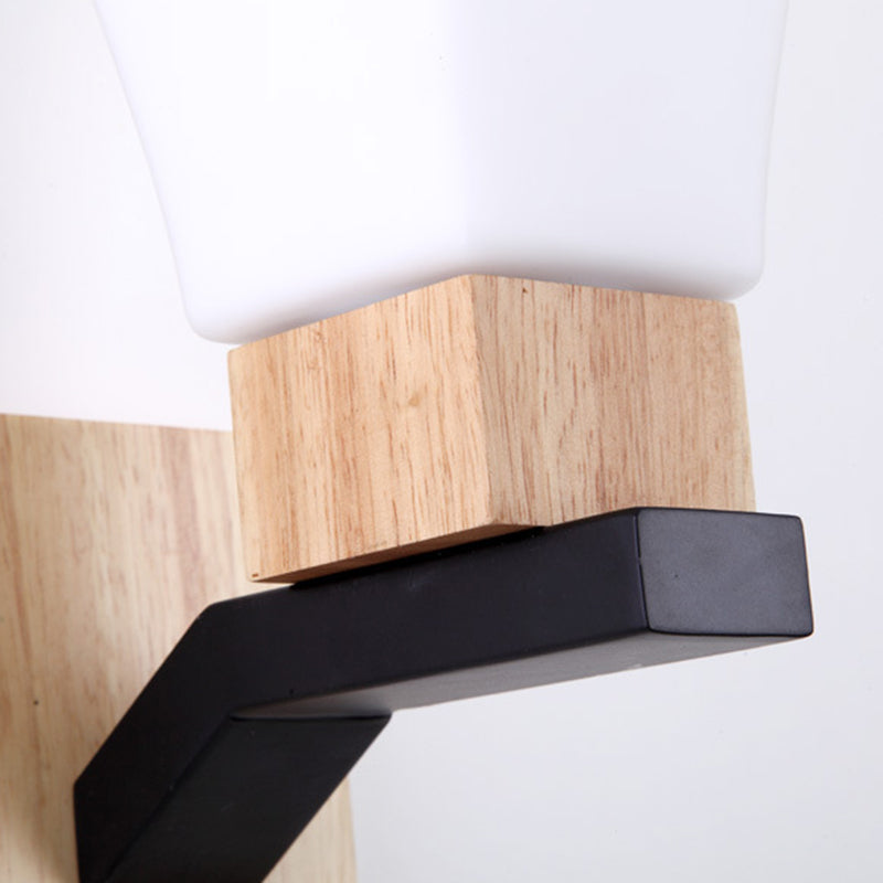 Lampe applique murale moderne minimaliste en verre carré, bois massif et fer avec 1 lumière pour chambre à coucher 