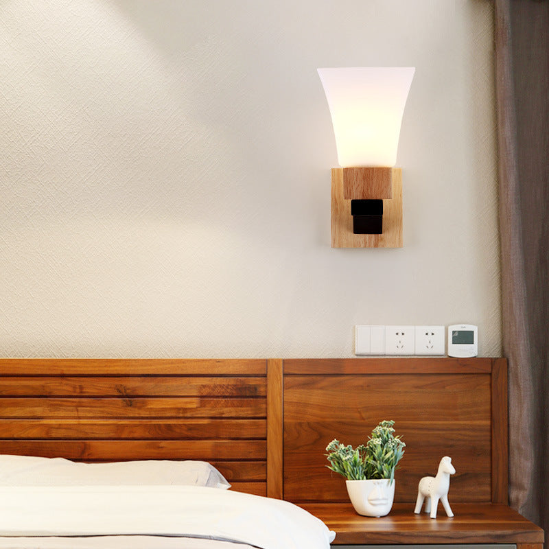 Lampe applique murale moderne minimaliste en verre carré, bois massif et fer avec 1 lumière pour chambre à coucher 