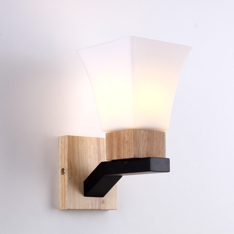Lampe applique murale moderne minimaliste en verre carré, bois massif et fer avec 1 lumière pour chambre à coucher 