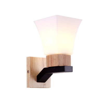 Lampe applique murale moderne minimaliste en verre carré, bois massif et fer avec 1 lumière pour chambre à coucher 
