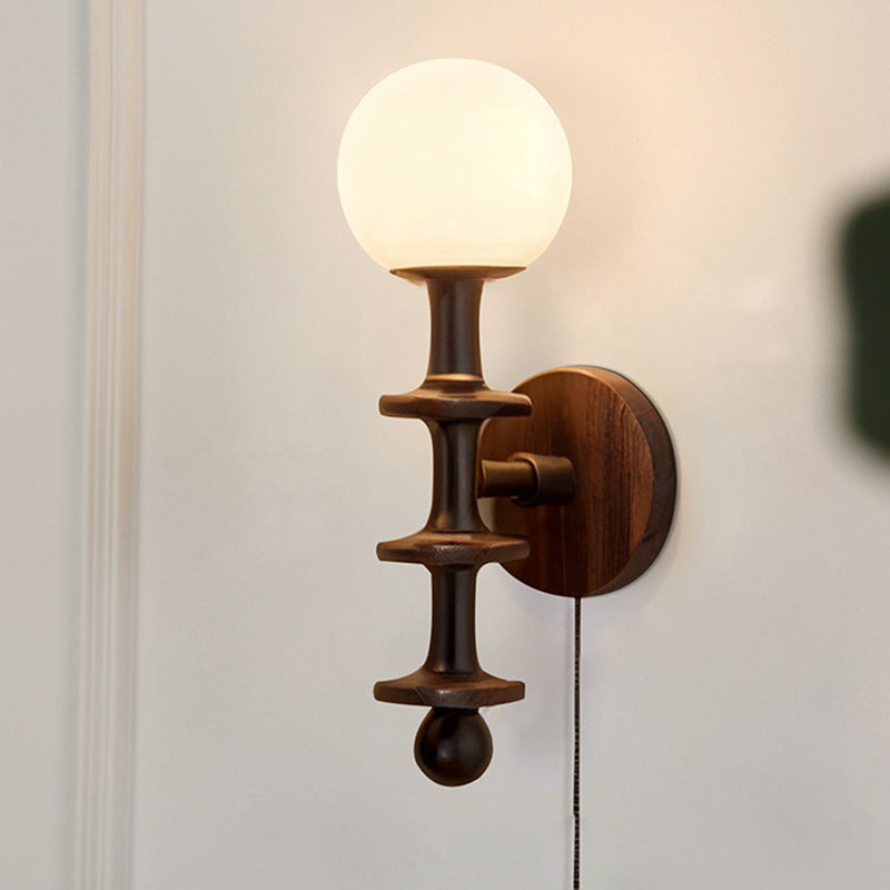 Applique murale traditionnelle chinoise cylindre rond haricot magique en verre bois 1-lumière pour salon 