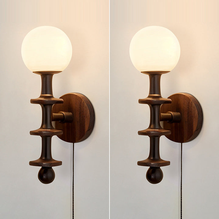 Applique murale traditionnelle chinoise cylindre rond haricot magique en verre bois 1-lumière pour salon 