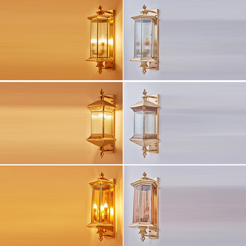 Moderne minimalistische sechseckige Säule Glas Kupfer 2-Licht Wandleuchte Lampe für Garten 
