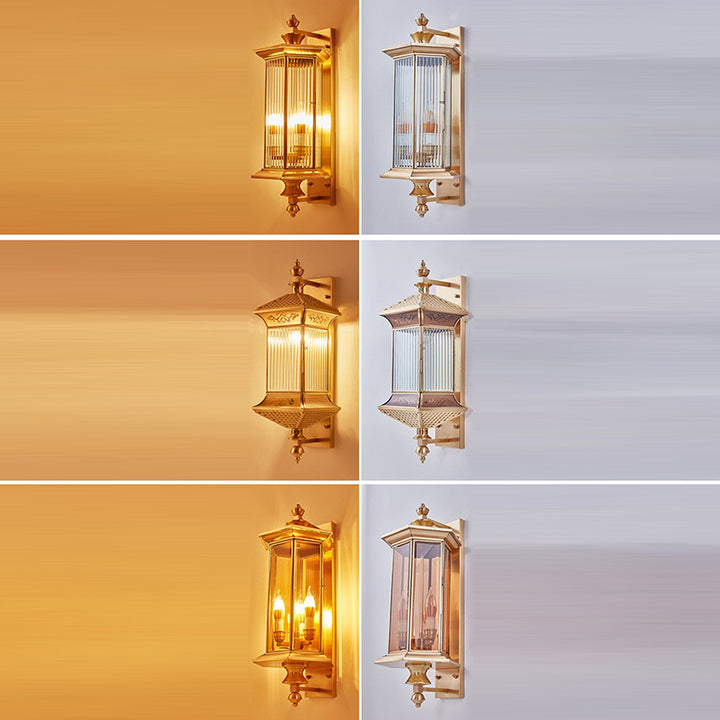 Moderne minimalistische sechseckige Säule Glas Kupfer 2-Licht Wandleuchte Lampe für Garten 