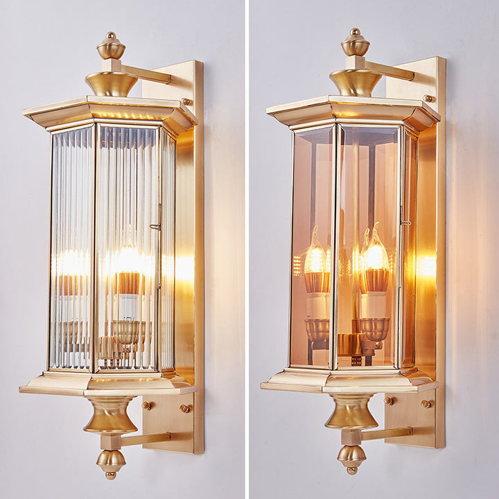 Moderne minimalistische sechseckige Säule Glas Kupfer 2-Licht Wandleuchte Lampe für Garten 