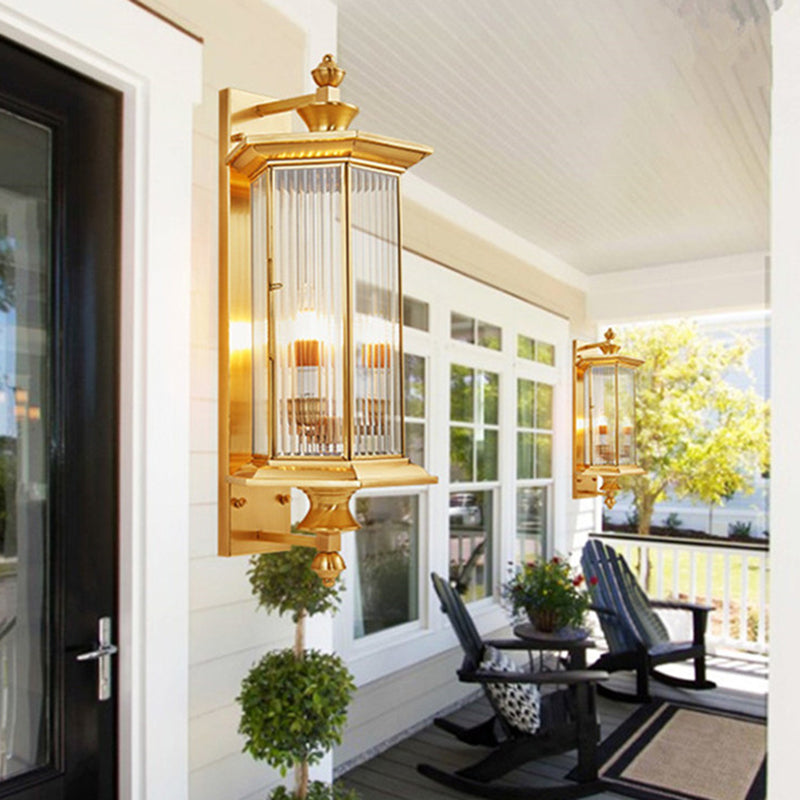 Moderne minimalistische sechseckige Säule Glas Kupfer 2-Licht Wandleuchte Lampe für Garten 