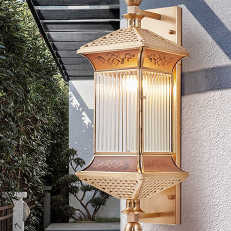 Moderne minimalistische sechseckige Säule Glas Kupfer 2-Licht Wandleuchte Lampe für Garten 