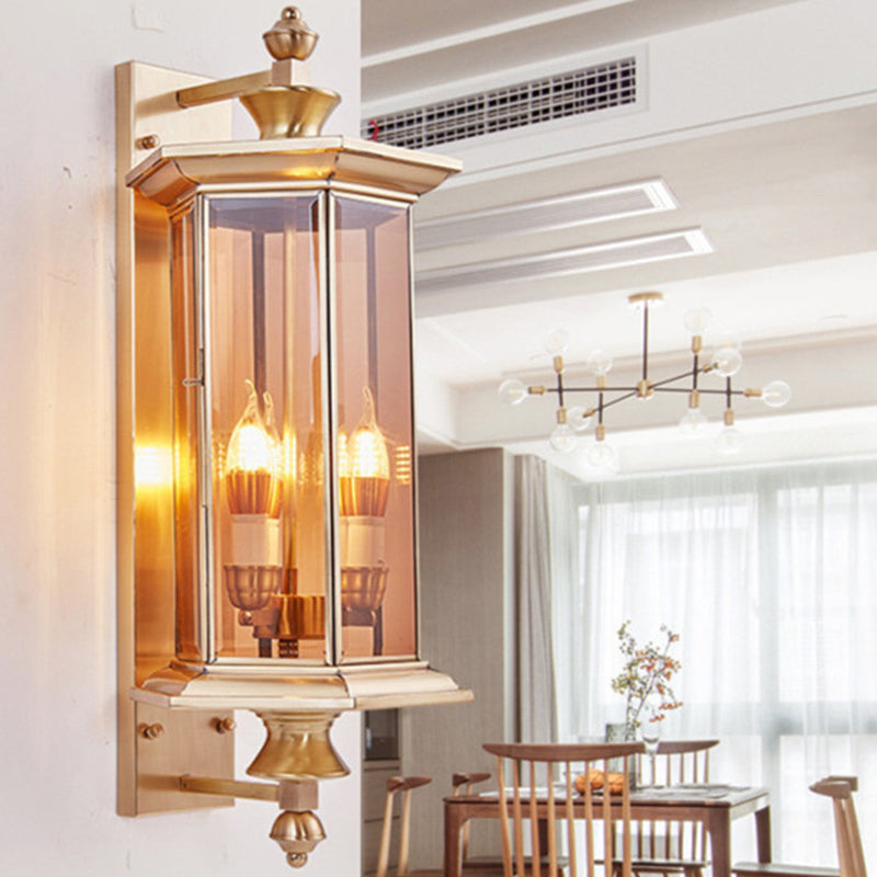 Moderne minimalistische sechseckige Säule Glas Kupfer 2-Licht Wandleuchte Lampe für Garten 