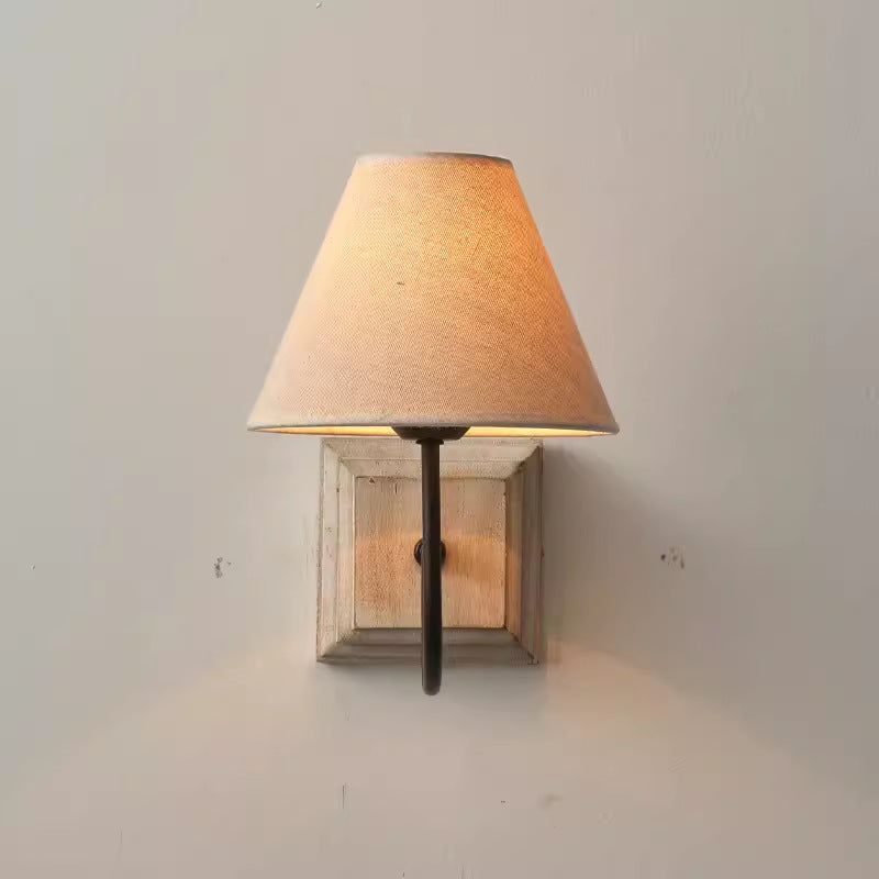 Lámpara Aplique de Pared de 1 Luz de Madera de Hierro de Tela Redonda Cuadrada de Simplicidad Moderna para Dormitorio 