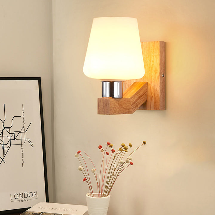 Zeitgenössische skandinavische runde Pod-Quadrat-Glas-Eisen-Holz-1-Licht-Wandleuchter-Lampe für Schlafzimmer 