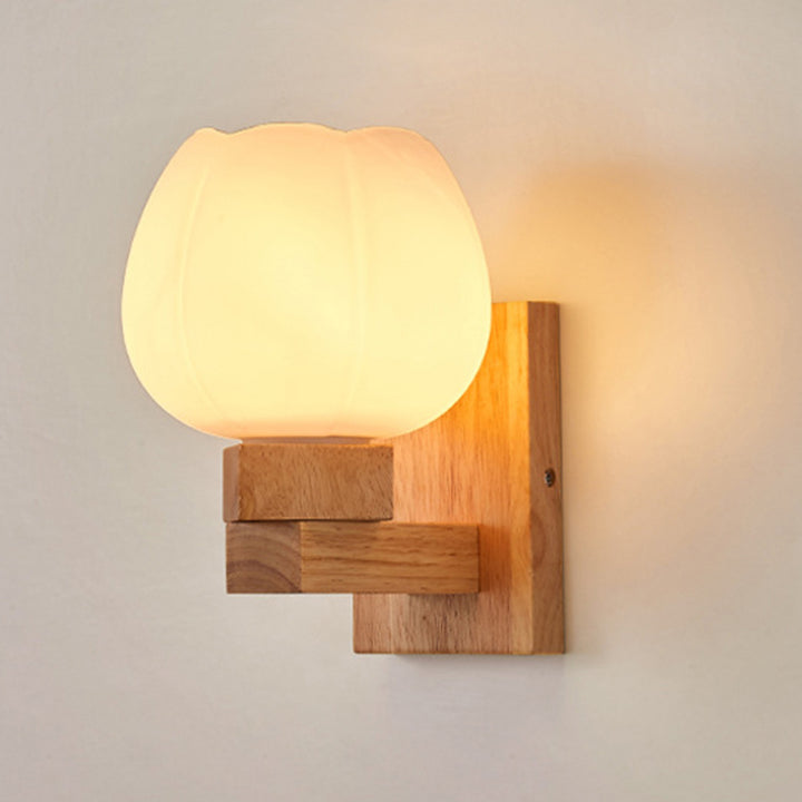 Applique murale contemporaine scandinave ronde en verre carré en fer et bois à 1 lumière pour chambre 
