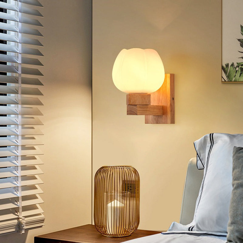 Applique murale contemporaine scandinave ronde en verre carré en fer et bois à 1 lumière pour chambre 