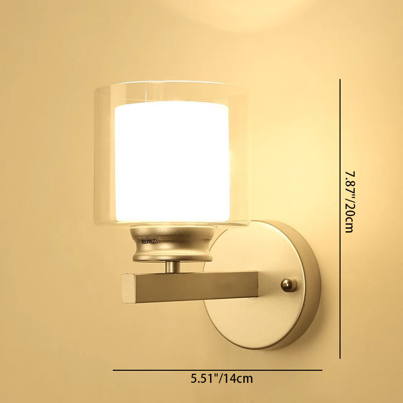 Modern Minimalist Round Column Glass Iron 1-Light Wall Sconce Lamp For Bedroom