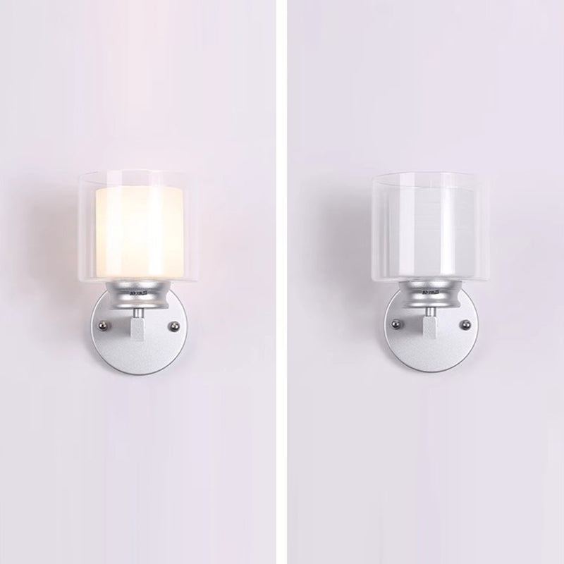 Modern Minimalist Round Column Glass Iron 1-Light Wall Sconce Lamp For Bedroom