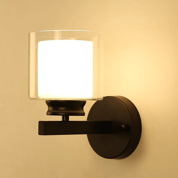 Modern Minimalist Round Column Glass Iron 1-Light Wall Sconce Lamp For Bedroom