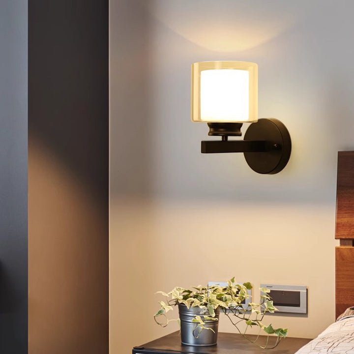 Modern Minimalist Round Column Glass Iron 1-Light Wall Sconce Lamp For Bedroom